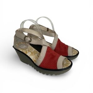 Fly London Lace Red Leather Wedged Heel Sandal